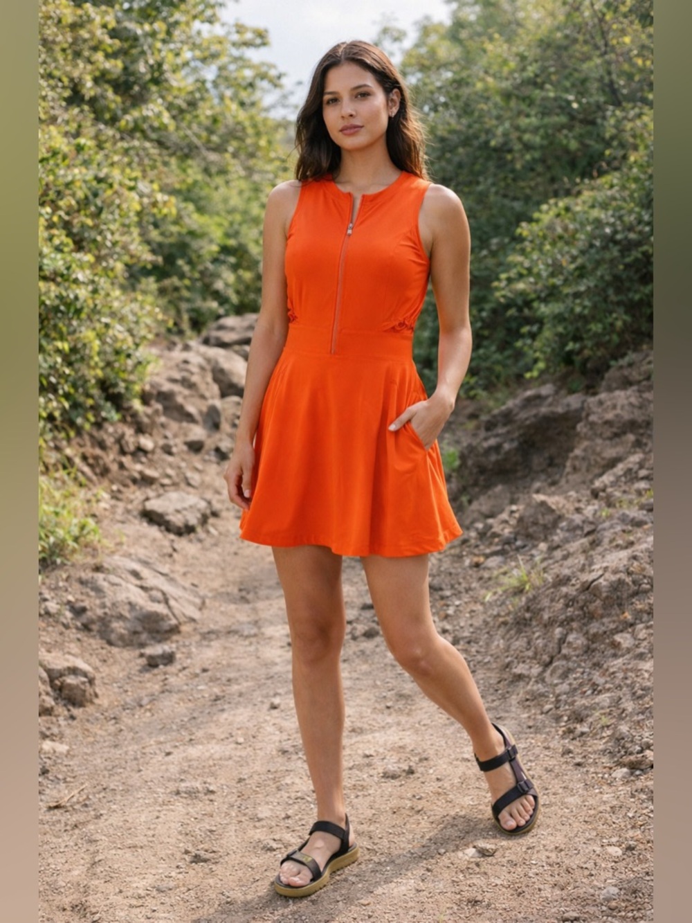 Athleta Venture Out Dress Built In Short Sleeveless Orange